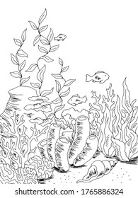 Underwater Vertical Graphic Sea Black White Sketch Illustration Vector