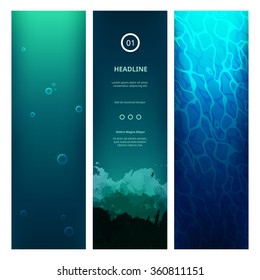 Underwater View Blue Background with Waves, Bubbles, Sunlight and Ripples. Vector Vertical Banners for Web Sites. Ocean or Sea Under Water. 