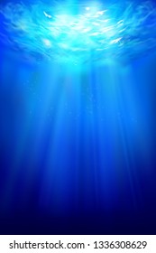 Underwater view. Sea depth. Sun rays. Vector illustration.