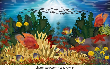 Underwater wallpaper with algae and tropical fish, vector illustration