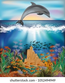 Underwater wallpaper with Dolphin and sand castle, vector illustration