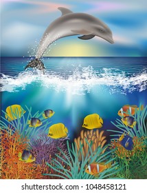 Underwater wallpaper with Dolphin and Tropical fish, vector illustration