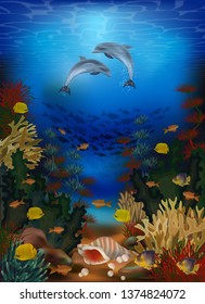 Underwater wallpaper with dolphins and seashell, vector illustration