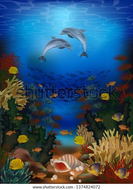 水中の壁紙とイルカと貝殻 ベクターイラスト のベクター画像素材 ロイヤリティフリー