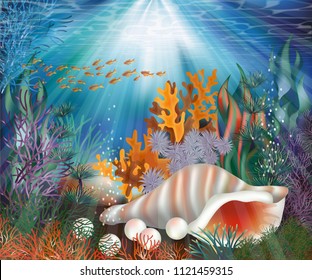 Underwater wallpaper with pearl shell, vector illustration