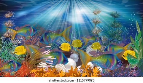 Underwater wallpaper with pearls and tropical fish, vector illustration