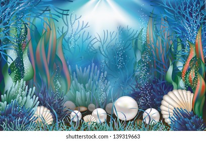 Underwater wallpaper with pearls . vector