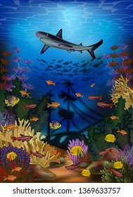 Underwater wallpaper with shark and sunken ship, vector illustration