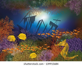 Underwater wallpaper with ship and fishes. vector illustration