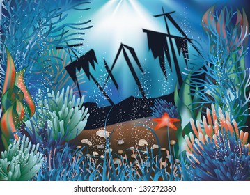 Underwater wallpaper with ship. vector illustration