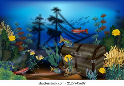 Underwater wallpaper treasure chest box and skull. vector illustration	