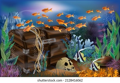 Underwater wallpaper with treasure chest box and skull. vector illustration	