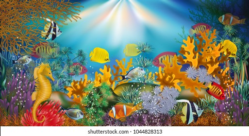 Underwater wallpaper with tropical fish, vector illustration