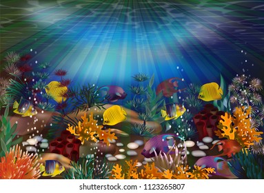 Underwater wallpaper with tropical fish, vector illustration