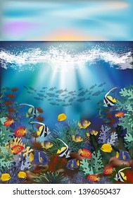 Underwater wallpaper with tropical fish, vector illustration