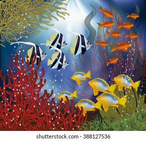 Underwater wallpaper with tropical fish, vector illustration