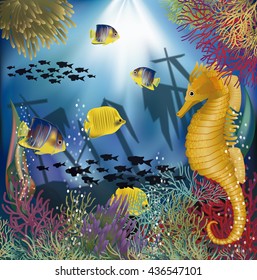 Underwater wallpaper with tropical fish, vector illustration