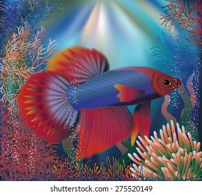 Underwater wallpaper with tropical well fish, vector illustration