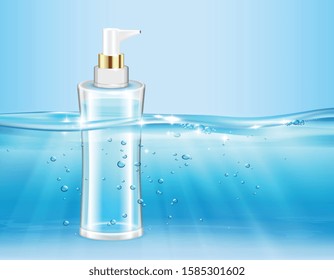 Underwater wave cosmetics moisturizing realistic composition with water logged transparent flask of cosmetic product with dispenser vector illustration