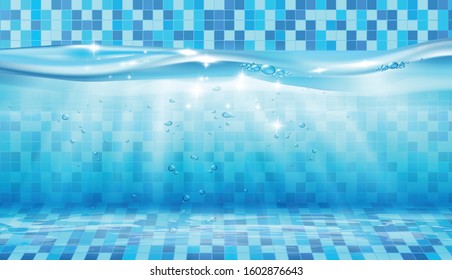 Underwater wave in pool realistic composition with view of water wave with tile floor and walls vector illustration