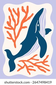 Underwater whale vector illustration. Minimalist retro sea poster design with ocean creature, seaweeds, corals in whimsical frame