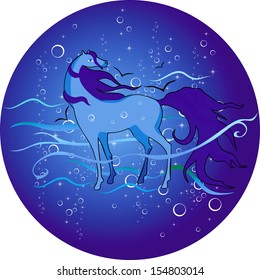 underwater wild horse with surrounded by waves and bubbles