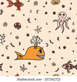 Underwater wildlife, cartoon animals. Vector illustration of happy fun sea creatures. Seamless pattern. Orange background. Texture with marine life.
