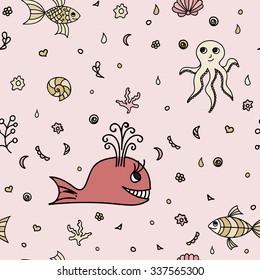 Underwater wildlife, cartoon animals. Vector illustration of happy fun sea creatures. Seamless pattern. Pink background. Texture with marine life.