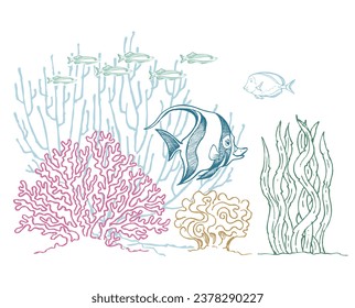 Underwater wildlife illustration with fishes, corals, plants, moorish idol, ocean, marine art vector illustration