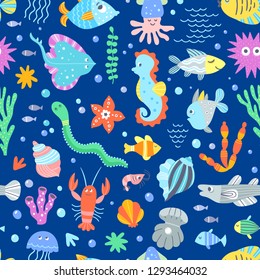 Underwater wildlife sea pattern. Seamless vector pattern with different fishes, sea and ocean animals. Cute vector background for children