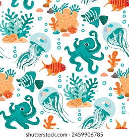 Underwater wildlife seamless pattern with ocean inhabitants.Colorful fish, jellyfish, octopus,shell and coral on white background.Cartoon vector design for printing on fabric and paper,banner,cover.