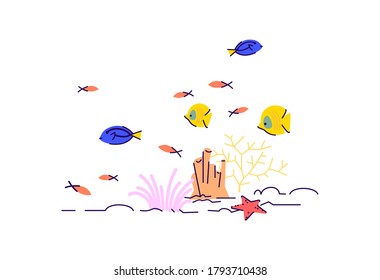 Underwater wildlife semi flat RGB color vector illustration. Coral reef in sea. Starfish on sand in depth of ocean. Nautical bottom. Tropical fish isolated cartoon character on white background