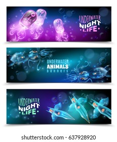 Underwater world 3 horizontal colorful banners set with transparent purple turquoise blue marine creatures isolated vector illustration 