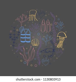 Underwater world. Underwater activity diving equipment and accessories. Diving equipment in  circle of seaweedes and jellyfishes