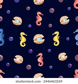 The underwater world in all its beauty and fauna, sea, ocean, water, shell,  
seaweed, vector, seamless pattern, colored, art, illustration, background, isolated