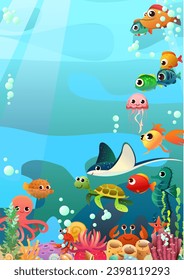 underwater world of animals, fish and plants. Tropical species. Cartoon fun style Illustration vector