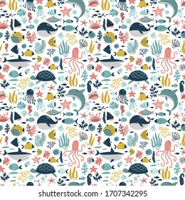 underwater world animals and plants, sea ocean seamless pattern, cartoon vector illustration