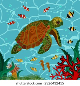Underwater world with animals.Vector illustration of the underwater world with turtle, fish and algae.