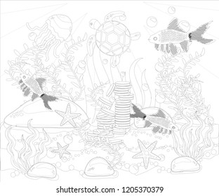 Underwater world. Anti stress coloring book for adult. Outline drawing coloring page. Black and white in zentangle style. Sea, shells. Marine theme.