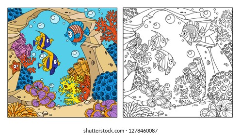 Underwater world with arch of stone, corals, fish, algae and anemones color and outlined isolated on white background