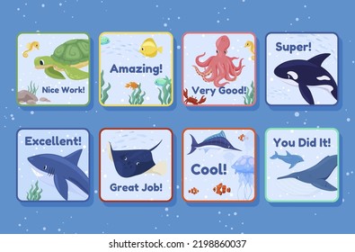 Underwater world awards squared stickers set vector illustration. Motivational phrases emblem ocean wildlife animals turtle fish octopus whale shark slope. Inspirational motto inscription