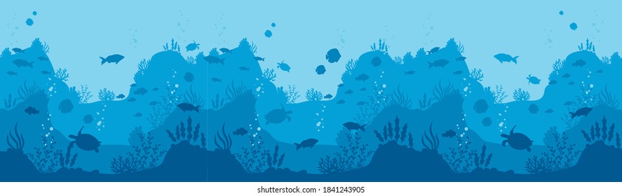 Fondo del mundo submarino. Profundidad horizontal azul con siluetas de peces y tortugas marinas buceando en el acuario oceánico de trinchera de mariana con habitantes submarinos de submarinismo exótico vector mundo.