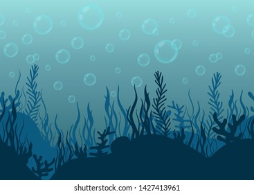 Underwater world background  sea bottom silhouette and algae   coral reef  seabed hand drawn  seascape horizontal seamless border  blue ocean flat drawing  marine frame  Vector illustration