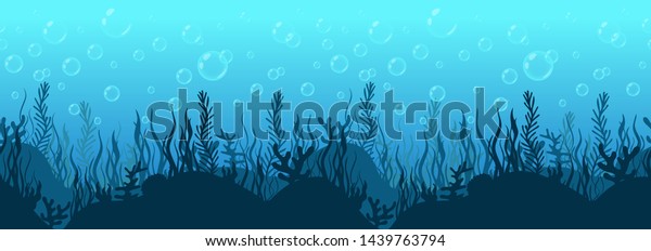 Underwater world background, sea bottom\
silhouette with algae and coral reef, seabed hand drawn, seascape\
horizontal seamless border, blue ocean flat drawing, marine frame.\
Vector illustration