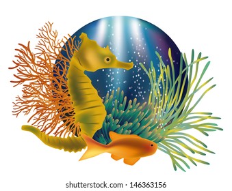 Underwater world banner with seahorse and fish, vector illustration