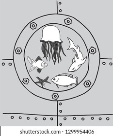 Underwater world in the bathyscaphe illuminator. Sketch, doodle style. Vector illustration