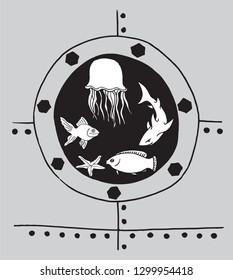 Underwater world in the bathyscaphe illuminator. Sketch, doodle style. Vector illustration
