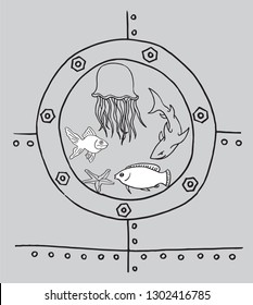 Underwater world in the bathyscaphe illuminator. Sketch, doodle style. Vector illustration