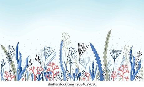 Underwater world. A beautiful endless border with algae, corals, air bubbles rising through the water column. Vector illustration. Marine background.