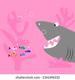 Underwater world, big shark and flock of small fish. Flat style, hand drawn, Scandinavian style, fashionable color palette. For textile, packaging, background design.